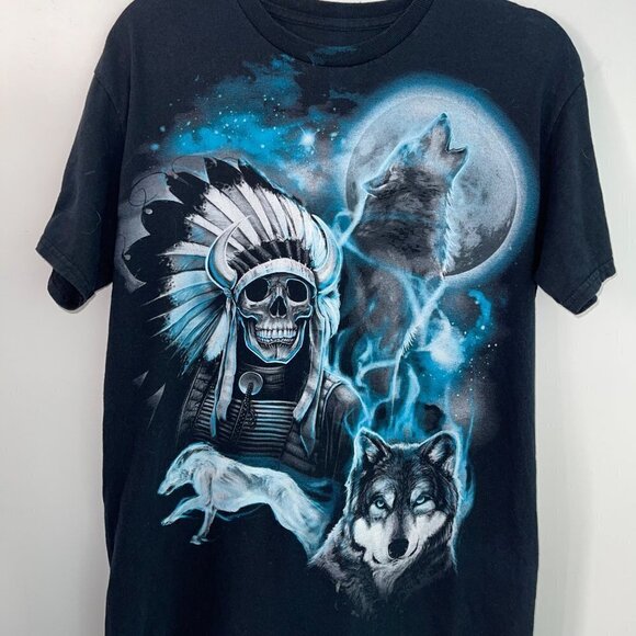 Mens Skull Wolf T-Shirt Black Blue Size Small Short Sleeve Crewneck Graphic - Picture 7 of 9